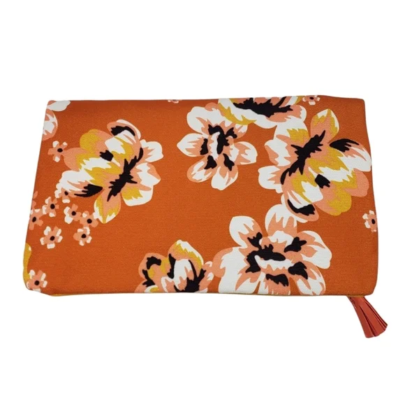 Rachel Pally Zahara Orange Reversible Floral Print Faux Leather Clutch Bag Purse - Picture 2 of 12